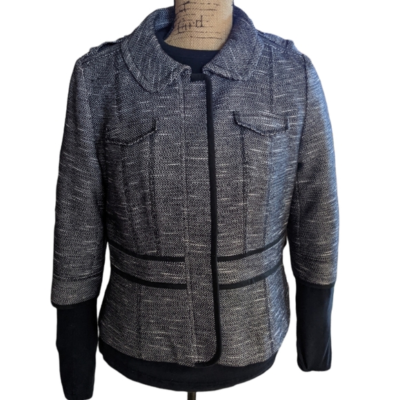 14P Black White Tweed Fitted Blazer 3/4 Sleeve Contrast Trim Abstract Stripe - Picture 1 of 13